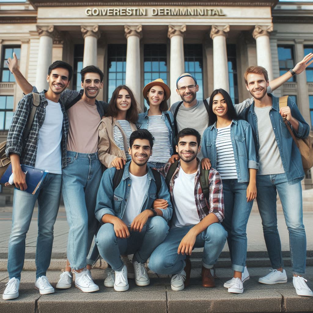 A group of immigrants smiling in front of a government building.