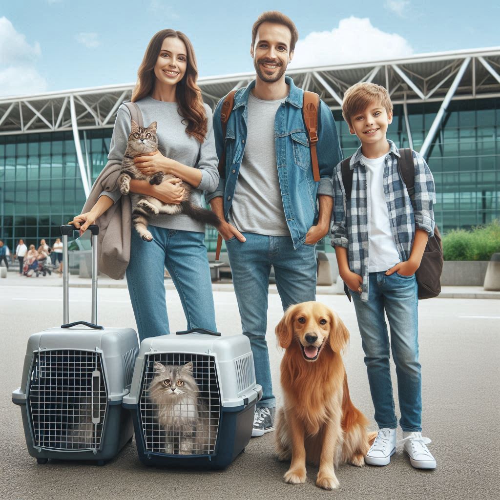 A family of three with their three pets ready to travel.